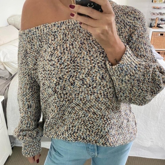 Viktoria & Woods Sweaters - Viktoria & Woods Chunky Knit Sweater Jumper Blue Brown Speckled Off Shoulder